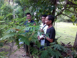 農家の方(右)に話を聞くスタッフ(中央)と筆者(左)