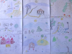 6年生に描いてもらった絵の素材を組み合わせて、一つのデザインにしました。どの素材を使ったかおわかりでしょうか？
