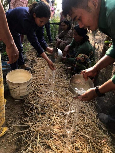 表土に稲わらを敷くことで水の蒸発量を抑えることができる。乾季の節水のための技術研修