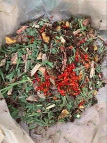 材料：タバコの葉、唐辛子、レモングラス、ニームの枝(樹皮)、キャッサバなど