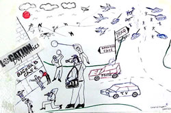 ホテルの壁に貼られた絵：ジャーナリストが群がる様子がユニークに表現されている