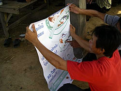 ケンデン村の住民が、魚保護地区の重要性を示すポスターの内容を確認した。