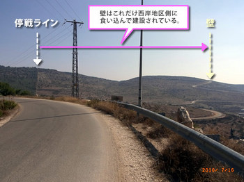 停戦ライン(写真左、森が終わっているところ)から西岸地区内に食い込んで建設された「壁」(写真右)。国際司法裁判所の勧告的意見では、西岸地区内に「壁」を建設するのは国際法違反とされた。(2010年7月、今野撮影)