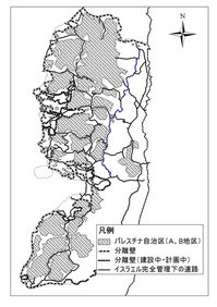 ヨルダン川西岸地区の地図（東側の白い部分がヨルダン渓谷）