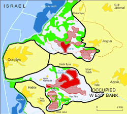カルキリア地域の地図：　黒：壁、濃黄：パレスチナ人密集地、緑：パレスチナ農地、赤：イスラエル入植地