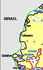 ツルカレム周辺地図　緑：停戦ライン、黒：壁