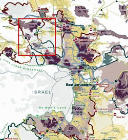 エルサレム周辺の地図、赤い線で囲った地域が下の地図である。