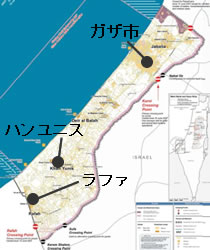 地図：ラファとエジプト間には、多くのトンネルがある。イスラエルによる封鎖で物資が入ってこない中、人々はトンネルを通ってガザに入ってくる食料も含む物資でなんとか生活をつないできたが、そのトンネルは今回の空爆で集中的に攻撃を受け、全て破壊されたといわれている。（出典＝United Nations OCHA oPt、これに日本語説明を追加）