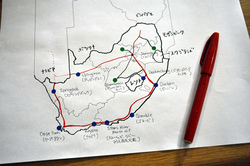 赤線が今回の旅路。青点は宿泊地。黒線、緑点は昨年内に訪れた地です。