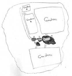 ムルタ北地区のA～Dの四つの溜池（Beer）と菜園（Gardens）との位置関係図。いちばん大きな溜池Dは菜園の広い面積に水を供給している