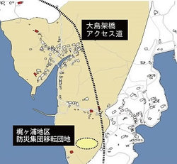 梶ヶ浦地区の防災集団移転団地と在宅世帯（赤色の箇所）との位置関係