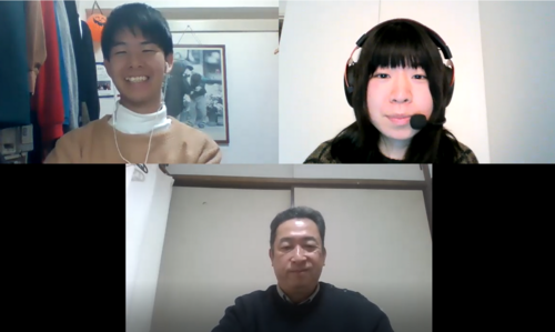 さて、今回も始まりましたオンラインインタビュー。何度やっても緊張します！笑　下：木村さん、左上：金岡、右上：庄司